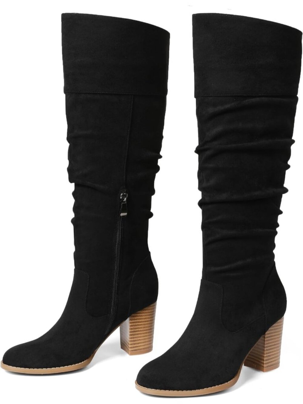Women's Suede Black Fall Boots Knee High Tall Boots Winter Slouch Round Toe